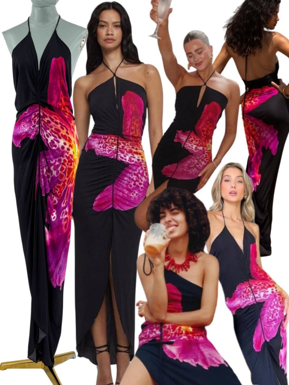 🆕 RAT & BOA 🧿 NWOT Pascala Tropical Orchid Ruched Maxi Dress, Black - Sz XS